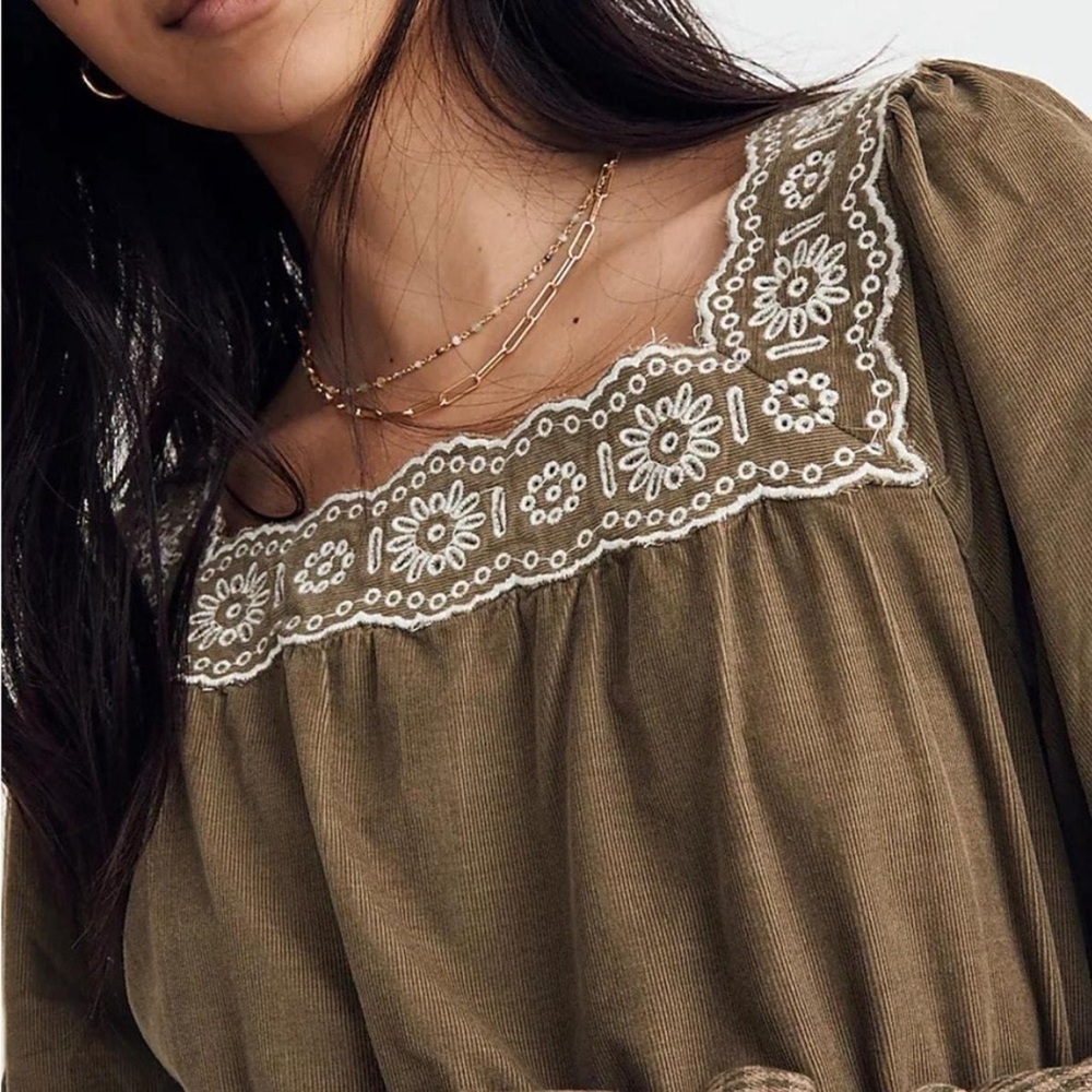 Madewell Embroidered Corduroy Square-Neck Mini Dress, size L